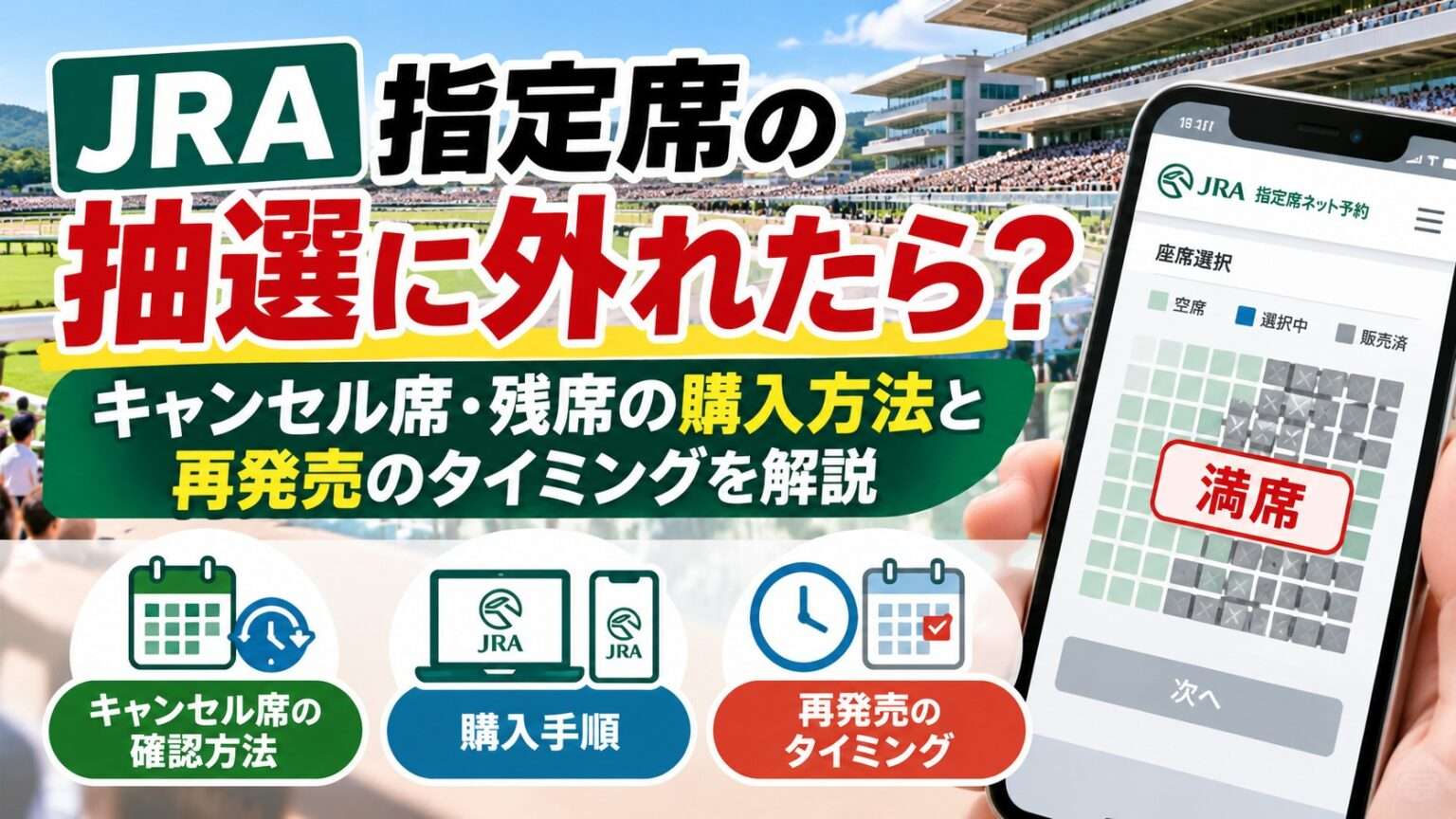 JRA指定席の抽選に外れた場合のキャンセル席・残席の購入方法と再発売のタイミングを解説するアイキャッチ画像